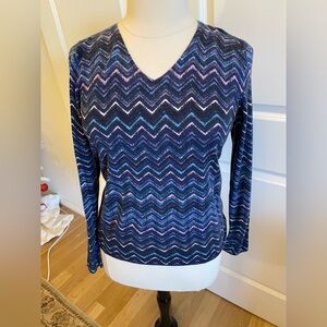 Navy and White Chevron Pattern on this 100% Merino Wool Sweater
